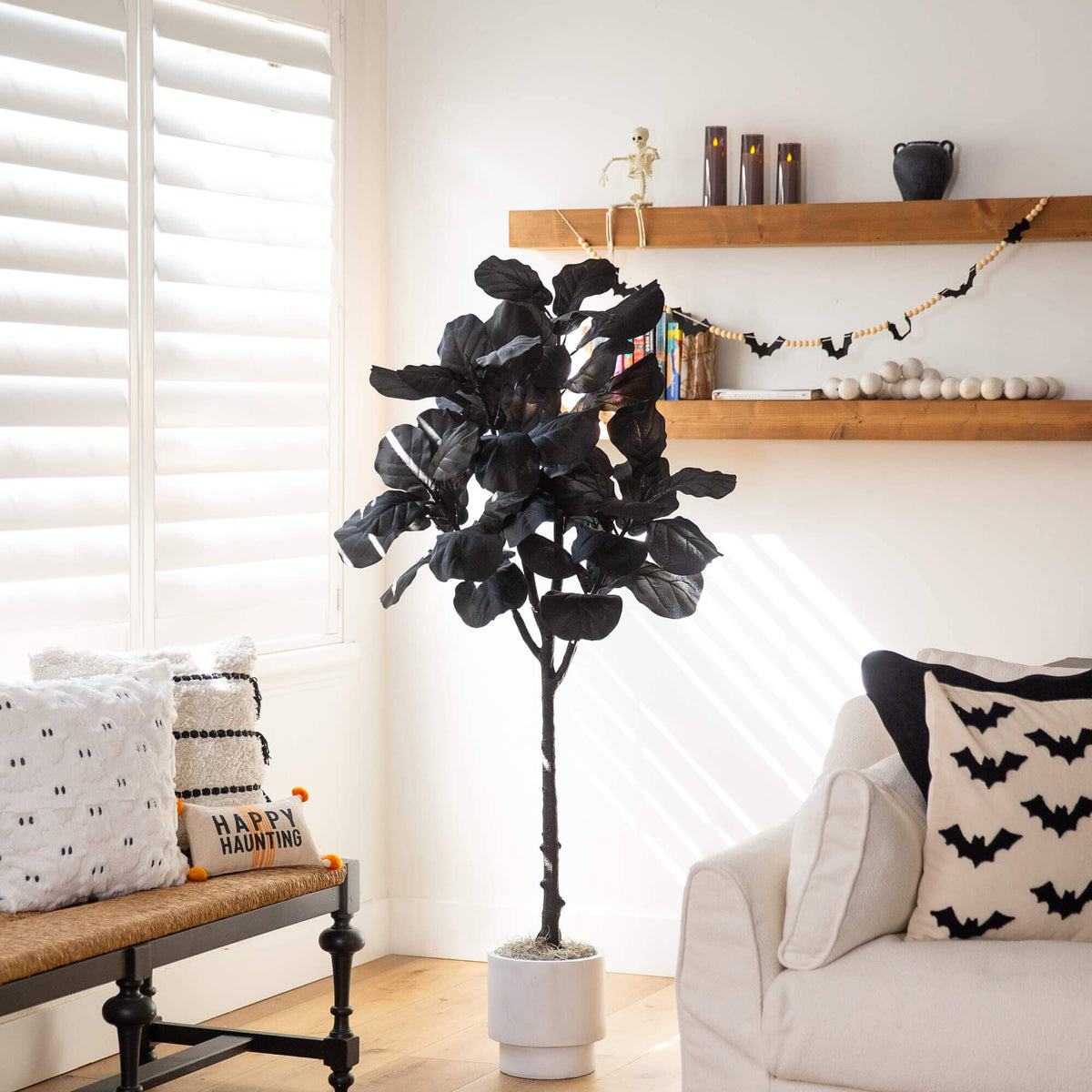 a room with a tree and couches