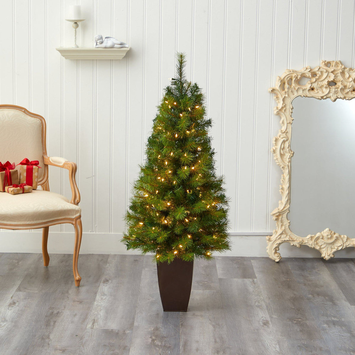 5’ Green Valley Pine Artificial Christmas Tree with 100 Warm White LED Lights and 201 Bendable Branches in Bronze Metal Planter