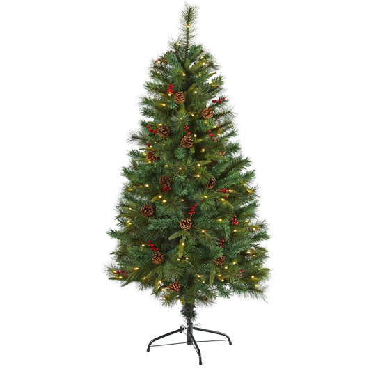 a christmas tree with lights and pine cones
