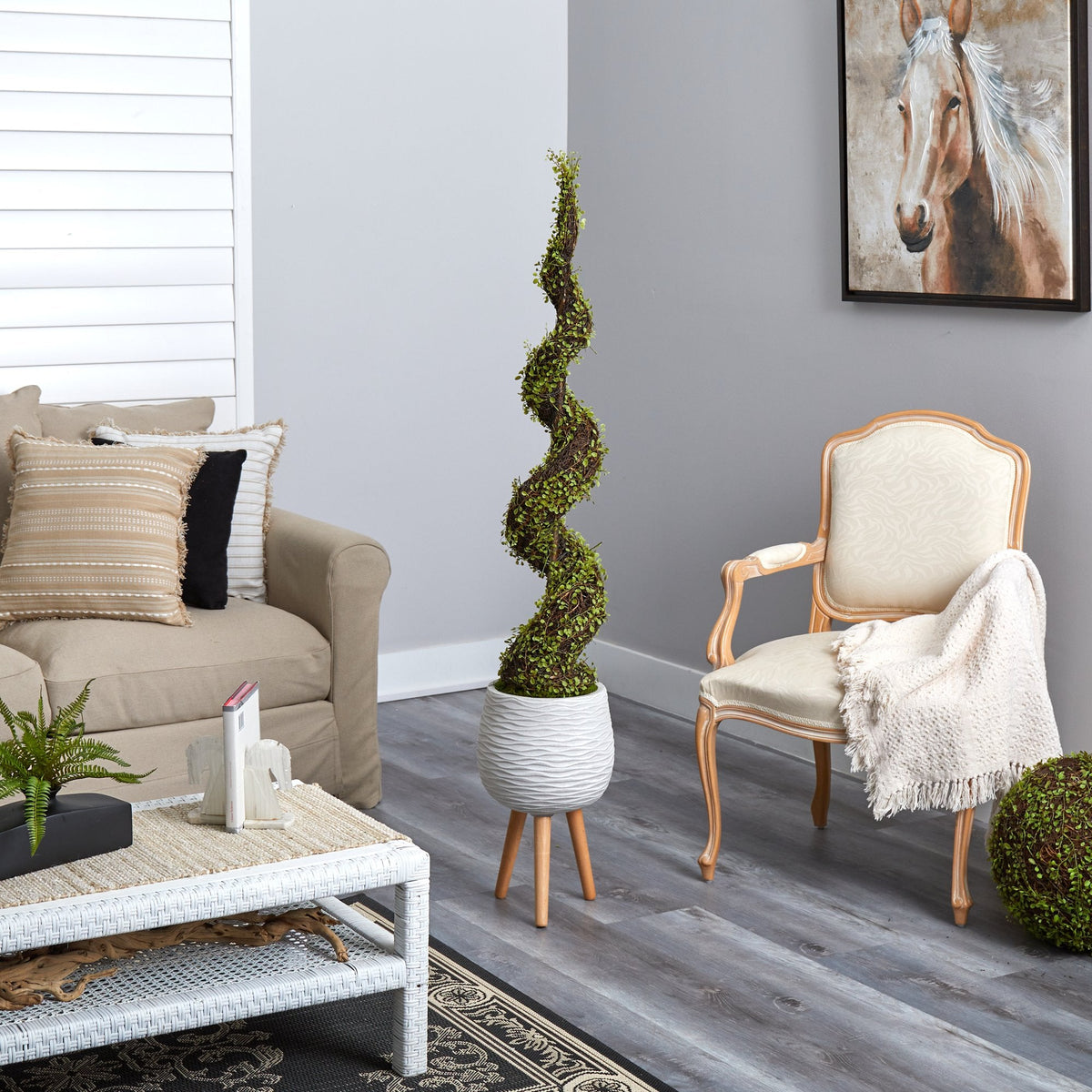 5’ Mohlenbechia Spiral Artificial Tree in White Planter with Stand