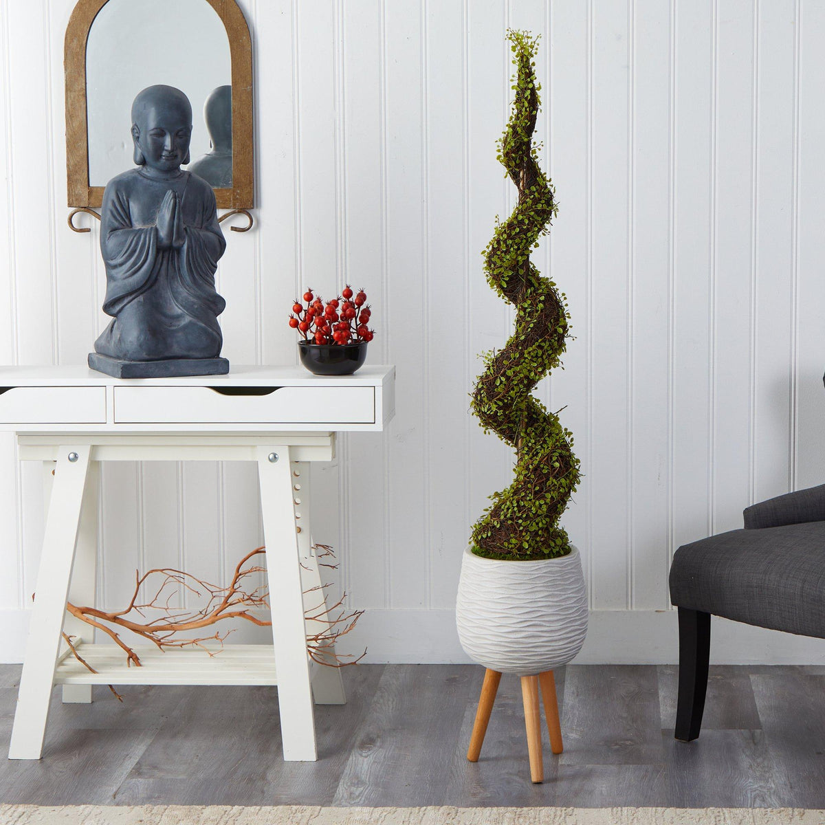 5’ Mohlenbechia Spiral Artificial Tree in White Planter with Stand
