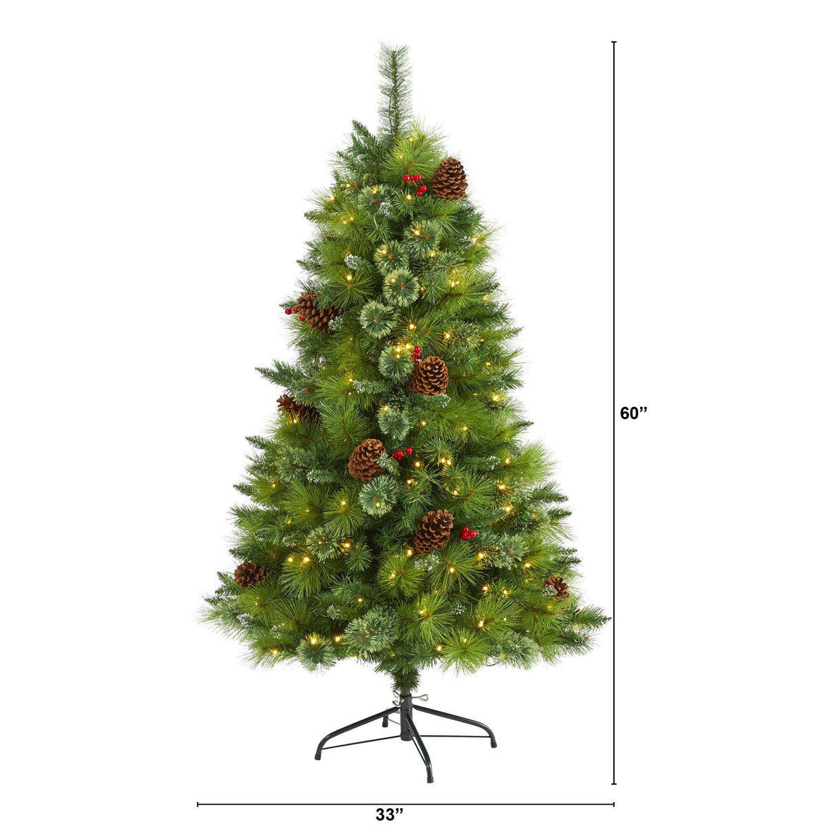 a tall christmas tree with lights and pine cones