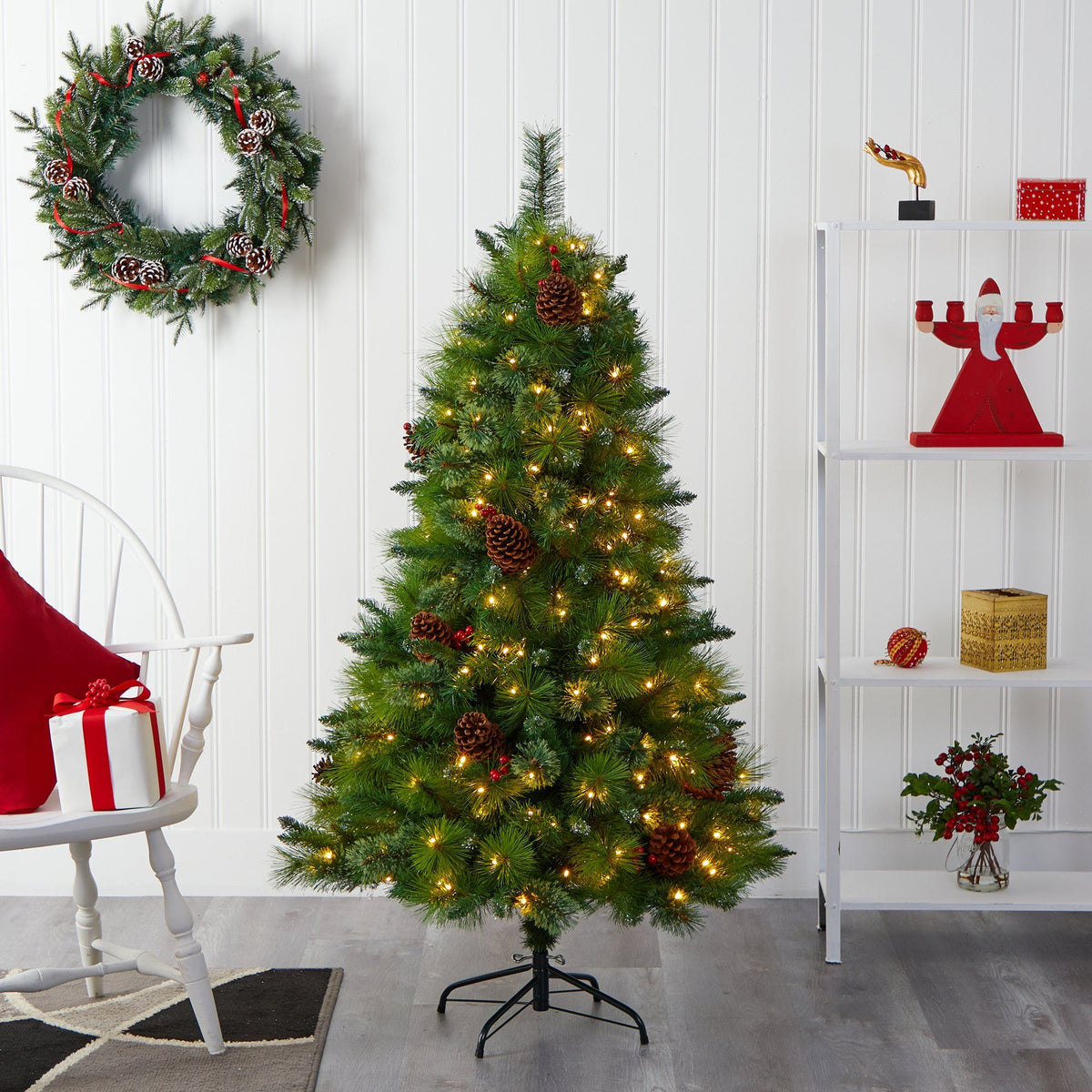a christmas tree in a room