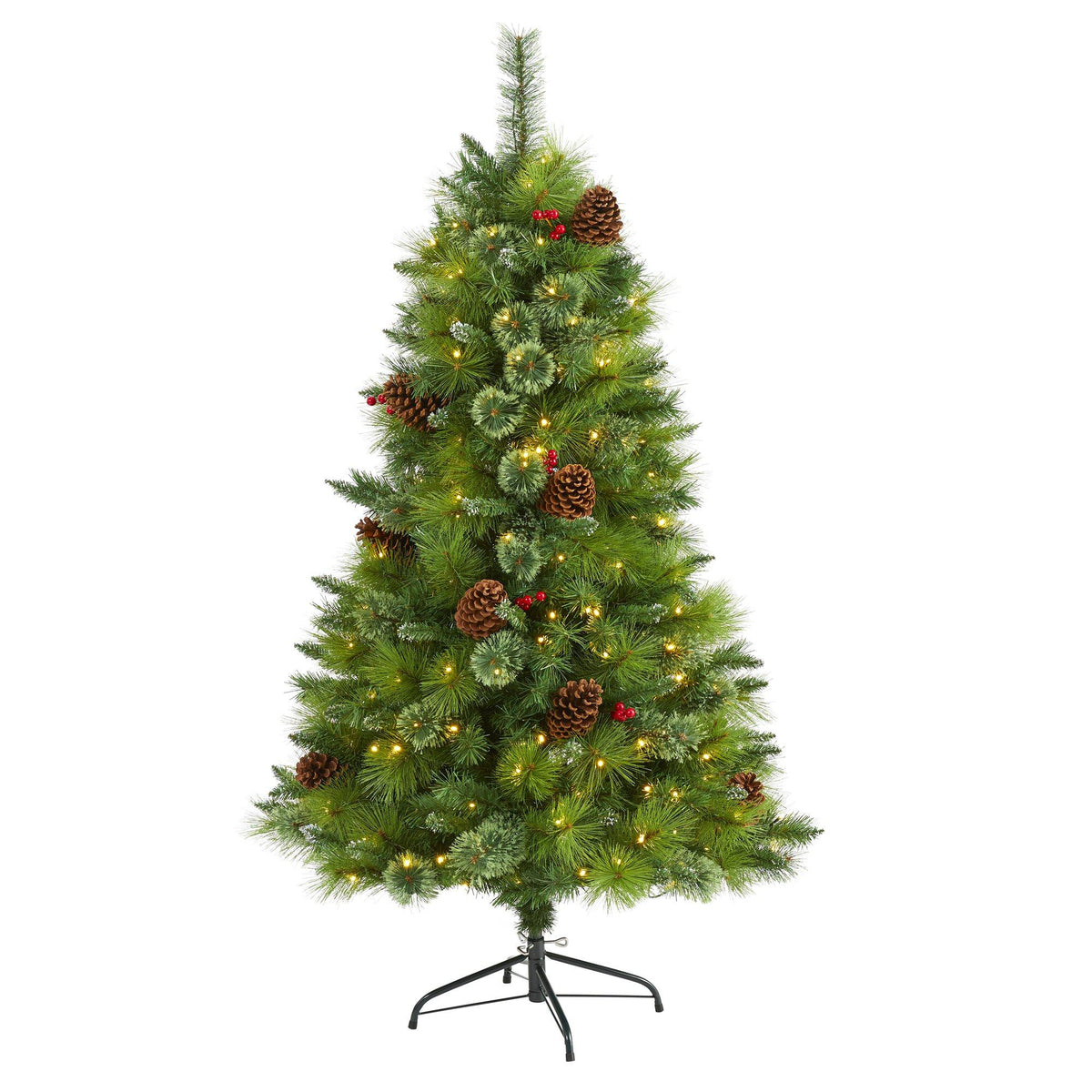 a christmas tree with lights and pine cones