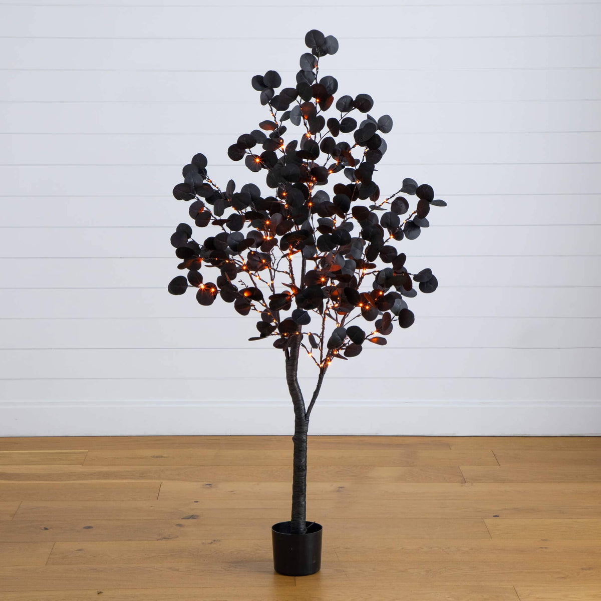 a tree with lights in a pot