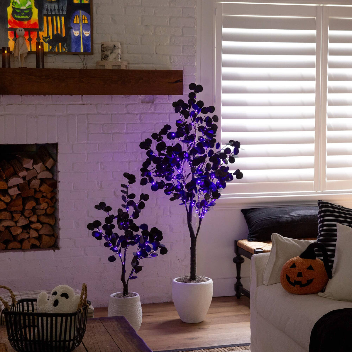 a room with a fireplace and a tree
