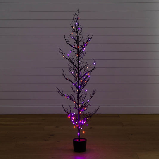 5' Pre-Lit Artificial Halloween Black Spooky Twig Tree with 200 Orange & Purple Copper Wire String LED Lights