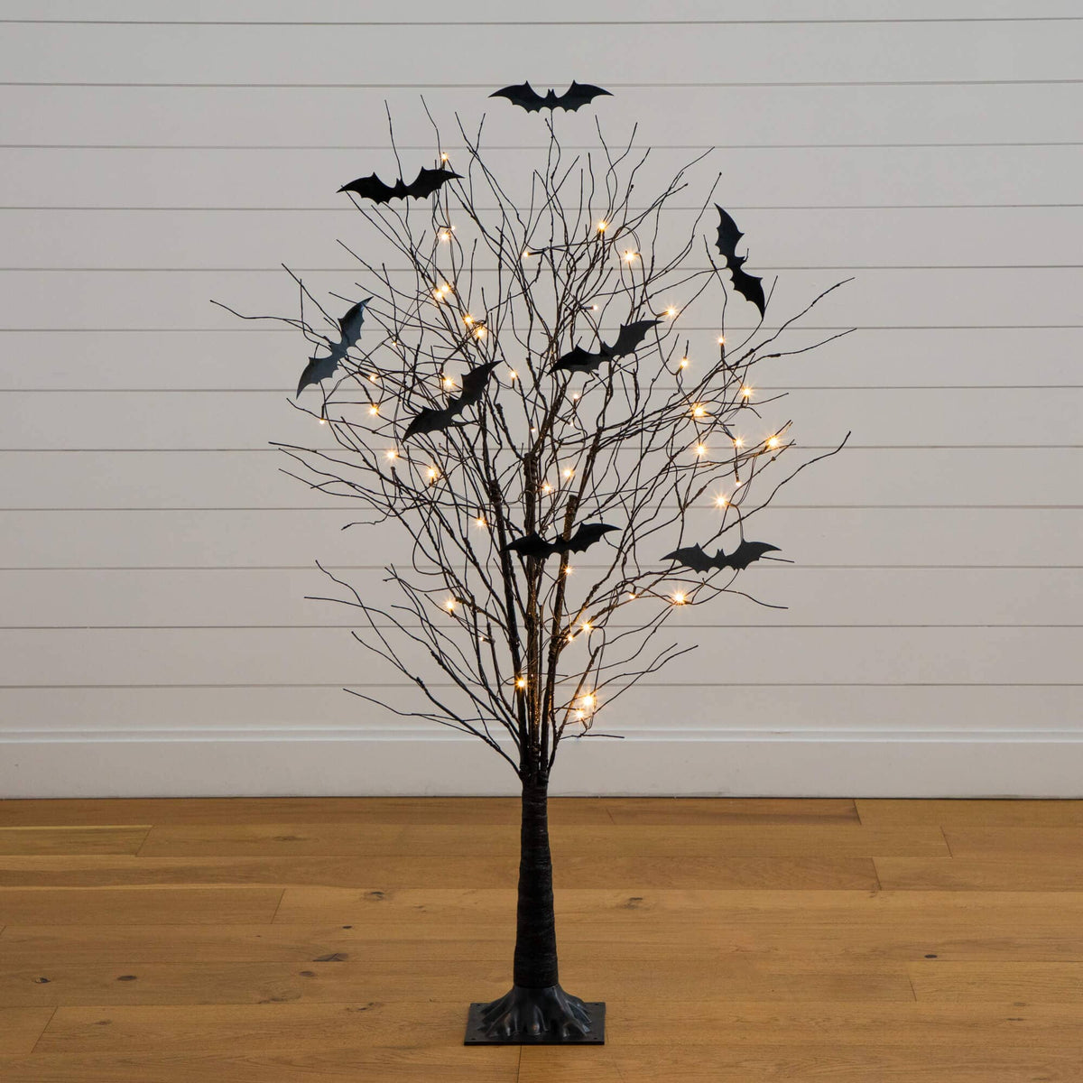 5' Pre-Lit Artificial Halloween Black Twig Tree with Bats and 50 Warm White LED Lights