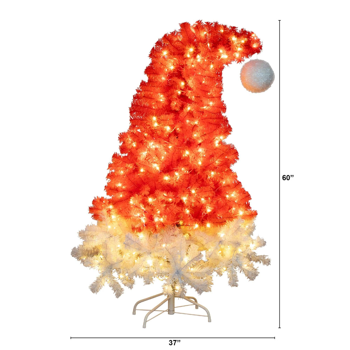 a tall christmas tree with lights and a ball