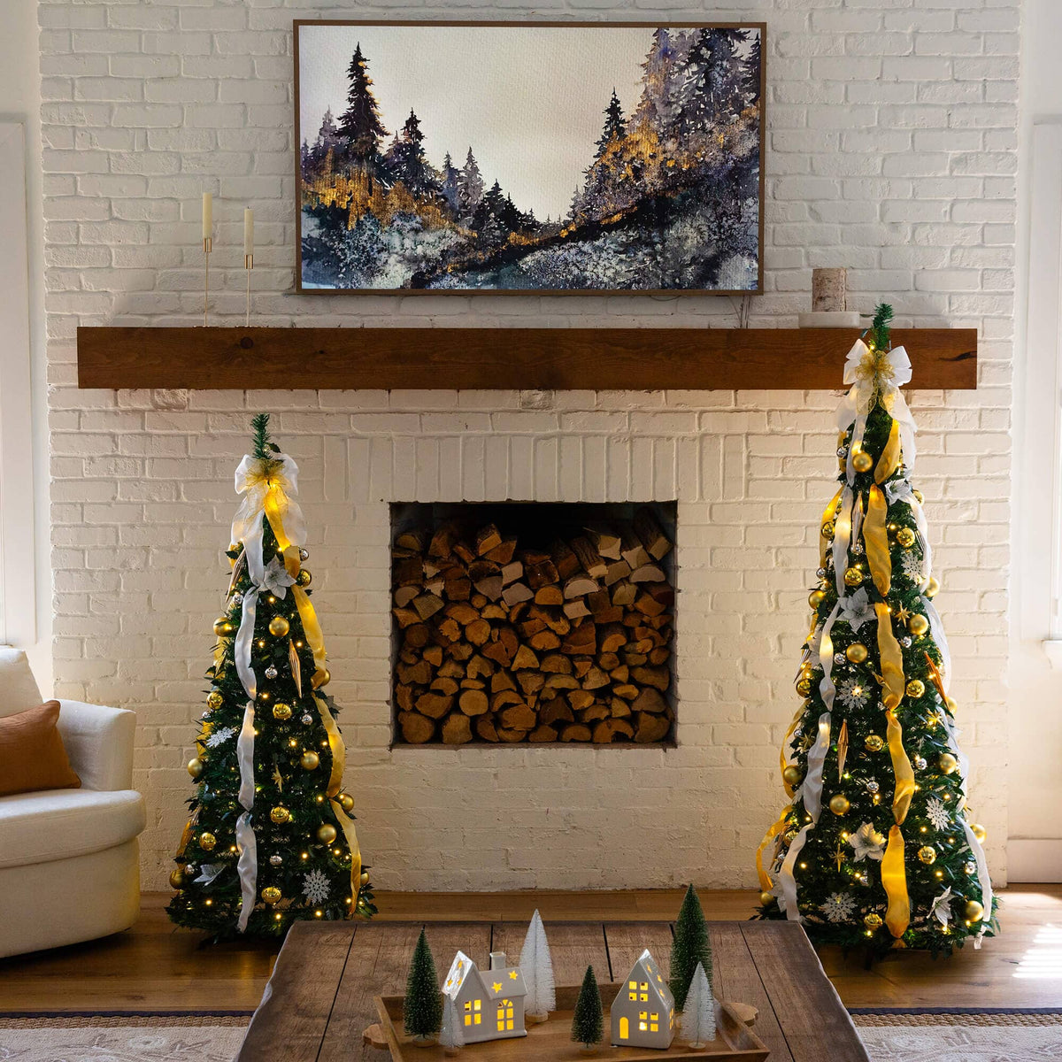 a room with a fireplace and christmas trees