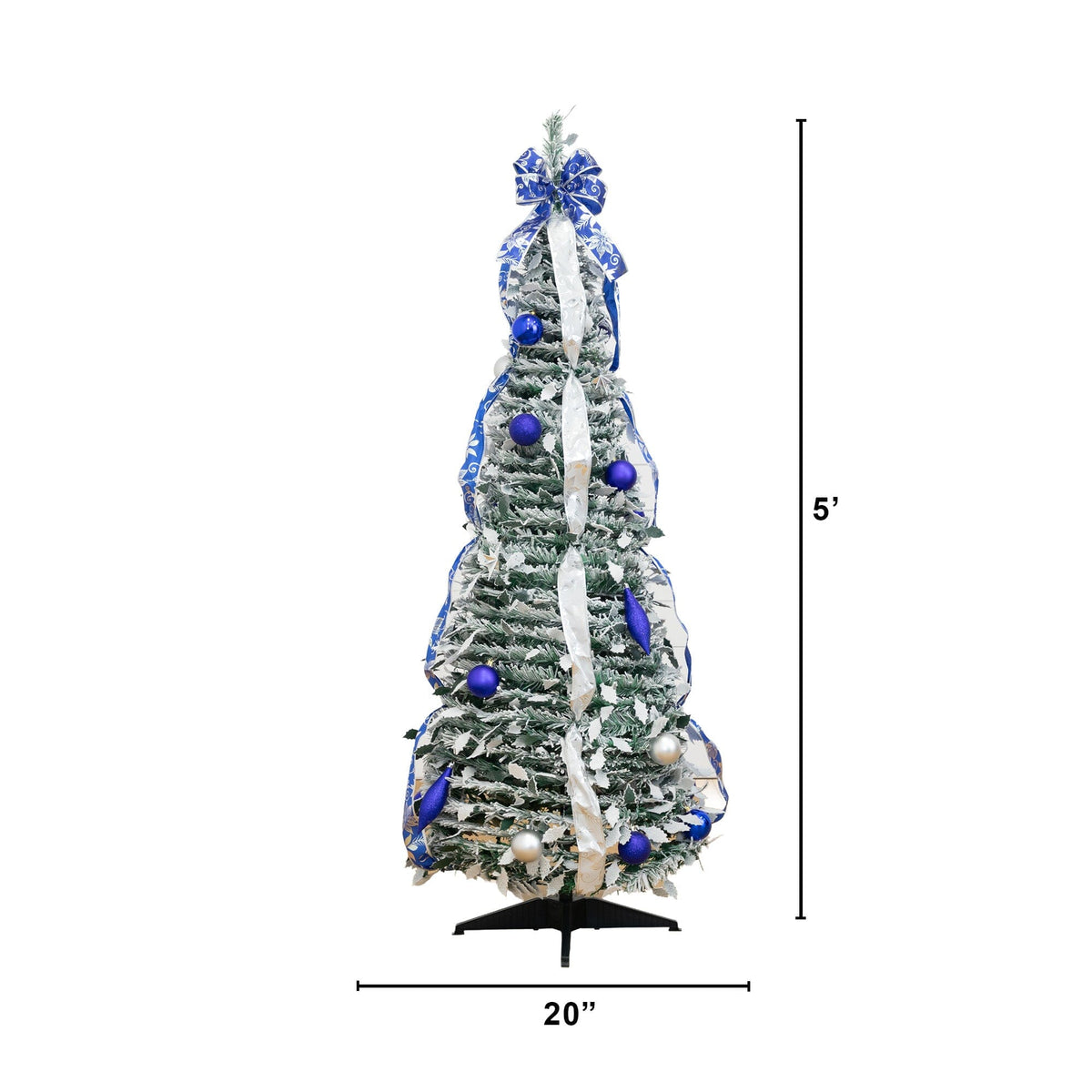 a tall christmas tree with a blue and silver ribbon and balls
