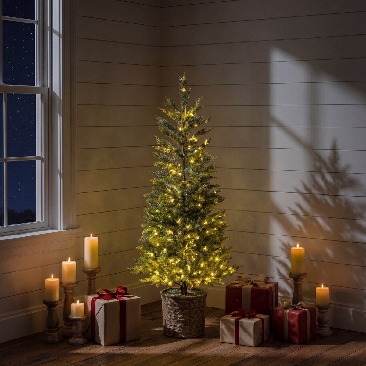 a christmas tree with lights and presents in a corner of a room