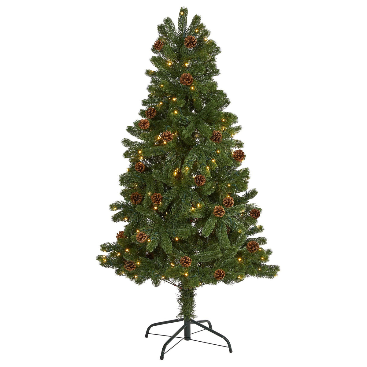 a christmas tree with lights and pine cones