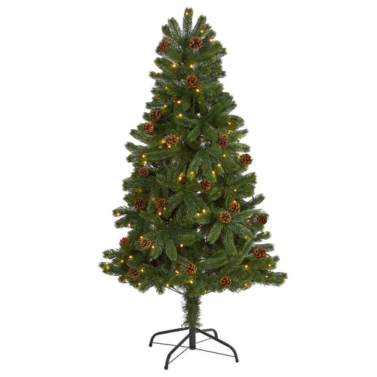 a christmas tree with lights and pine cones