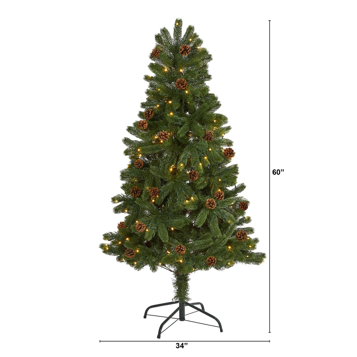 a christmas tree with lights and pine cones