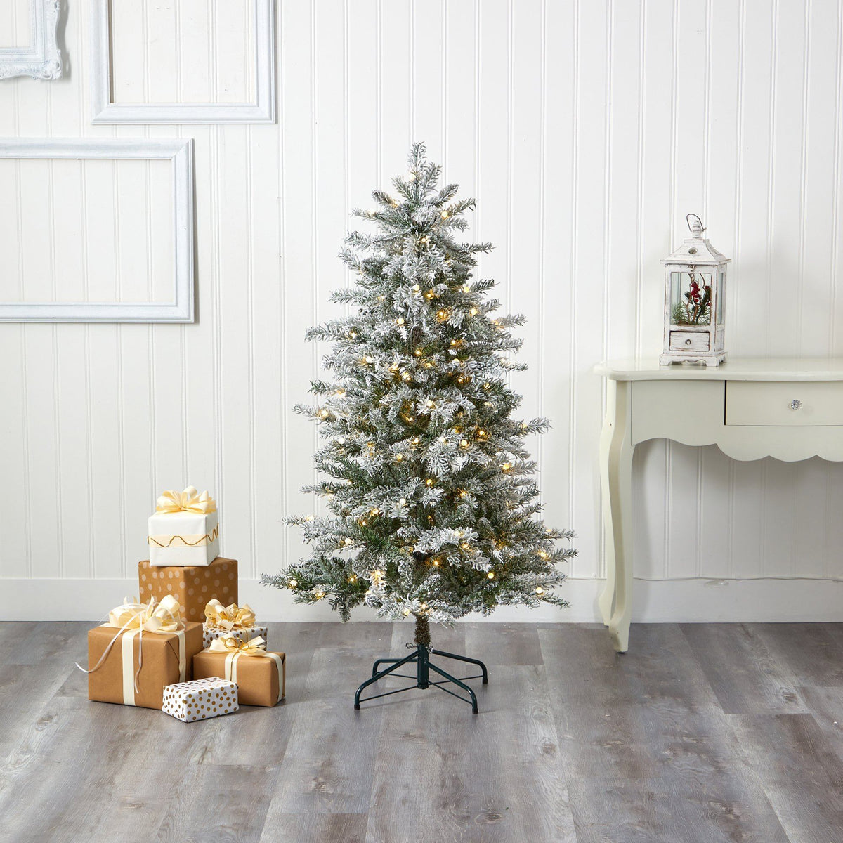 5’ Slim Flocked Nova Scotia Spruce Artificial Christmas Tree with 150 Warm White LED Lights and 433 Bendable Branches