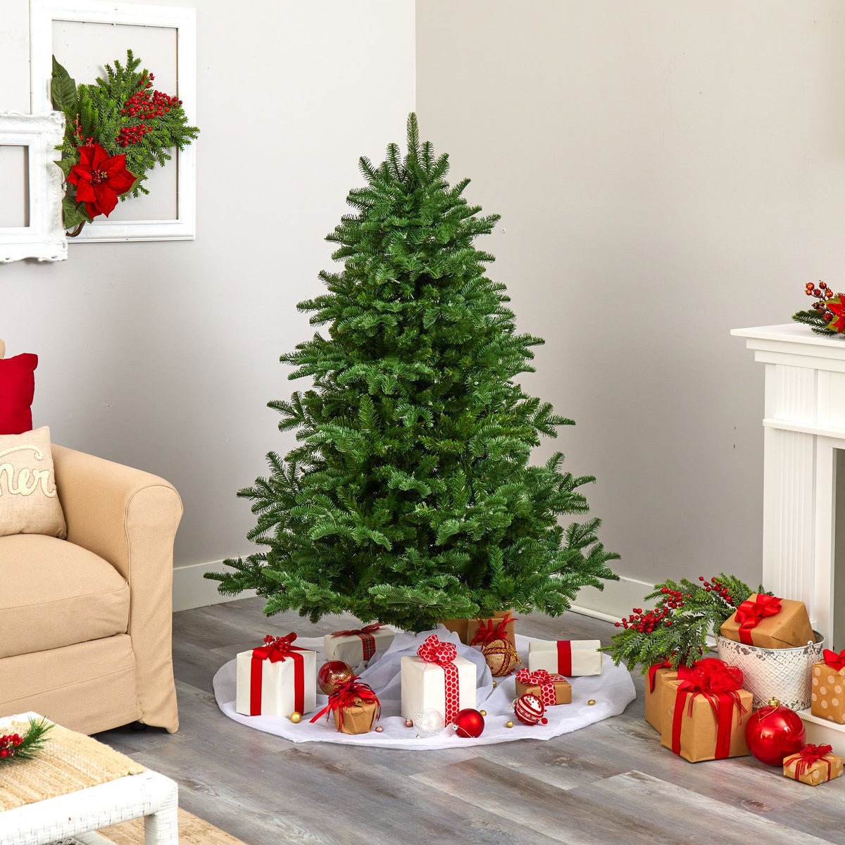 a christmas tree with presents around it