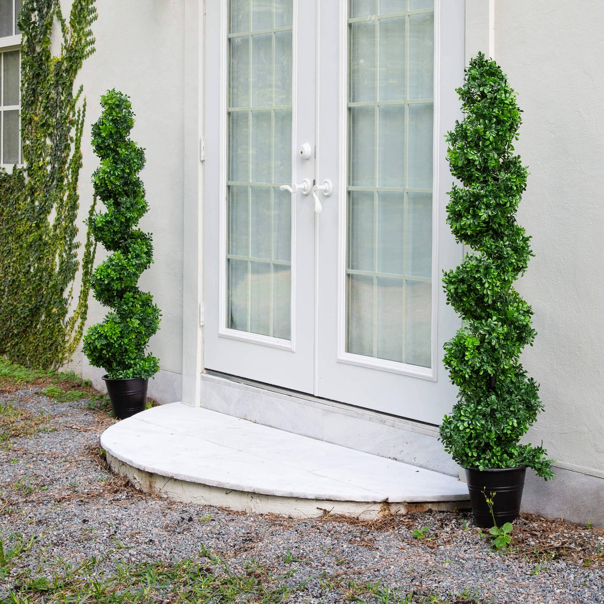 a white door with two potted trees