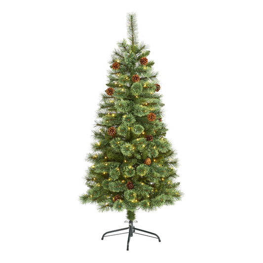 a christmas tree with lights and pine cones