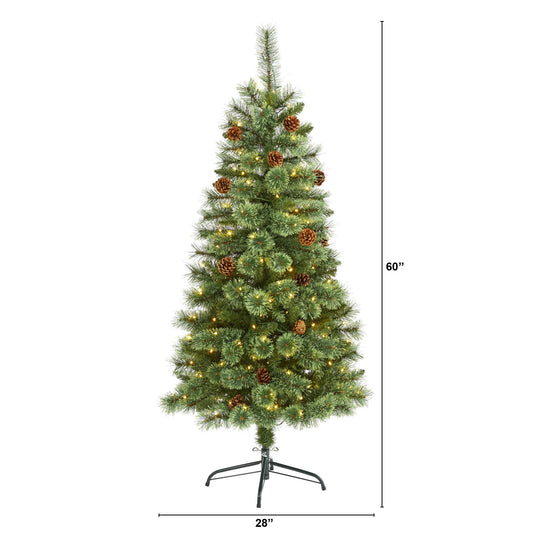 a tall christmas tree with lights and pine cones