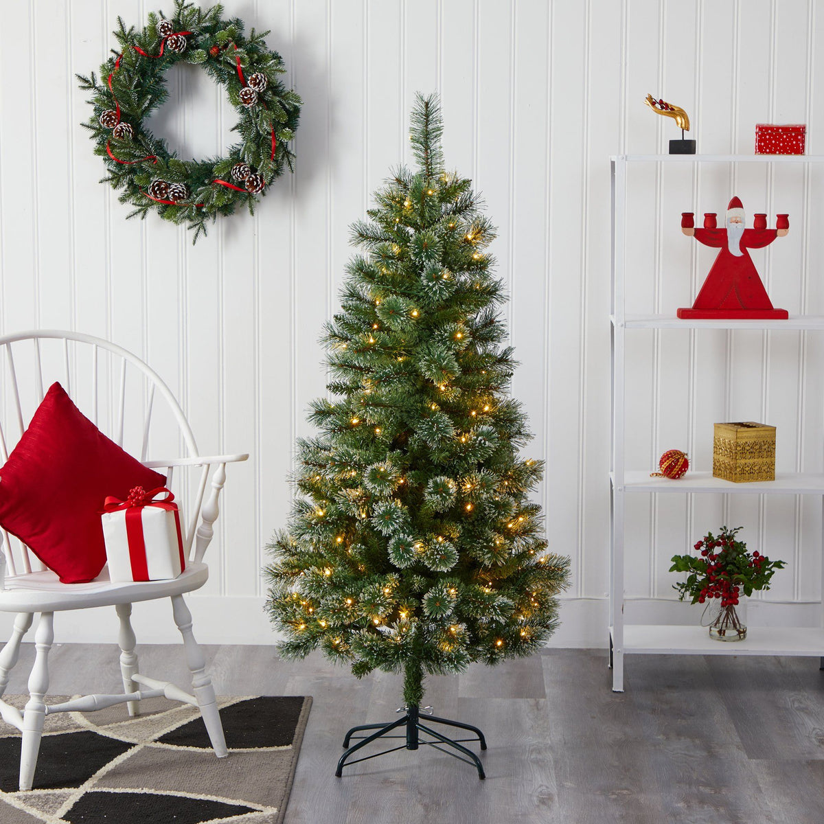 a christmas tree in a room