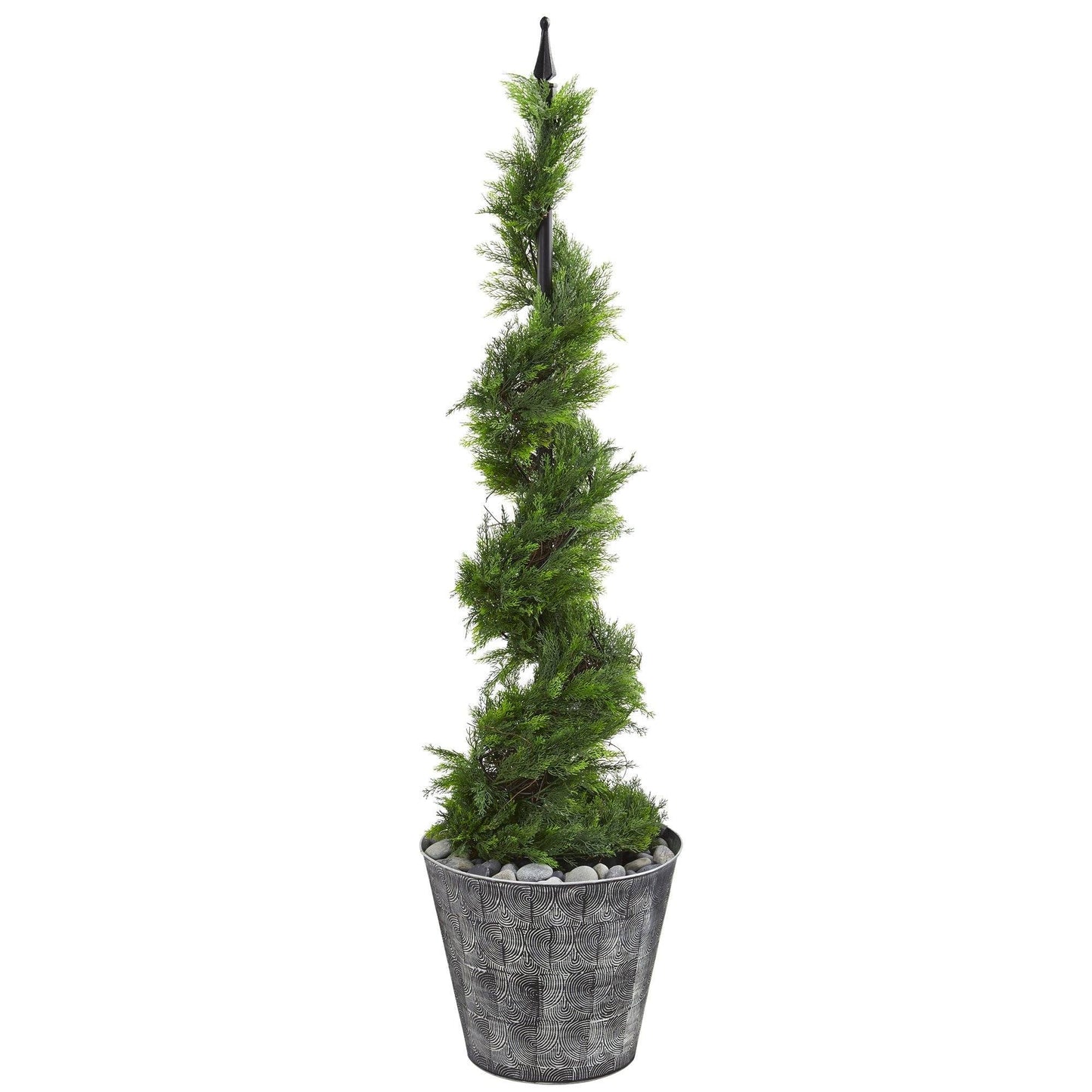 53” Cypress Artificial Spiral Topiary Tree in Black Embossed Tin Planter