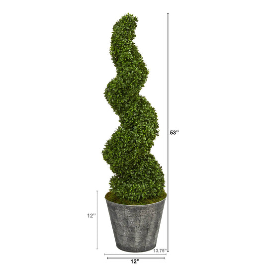 53” Spiral Hazel Leaf Artificial Topiary Tree in Black Embossed Tin Planter (Indoor/Outdoor)