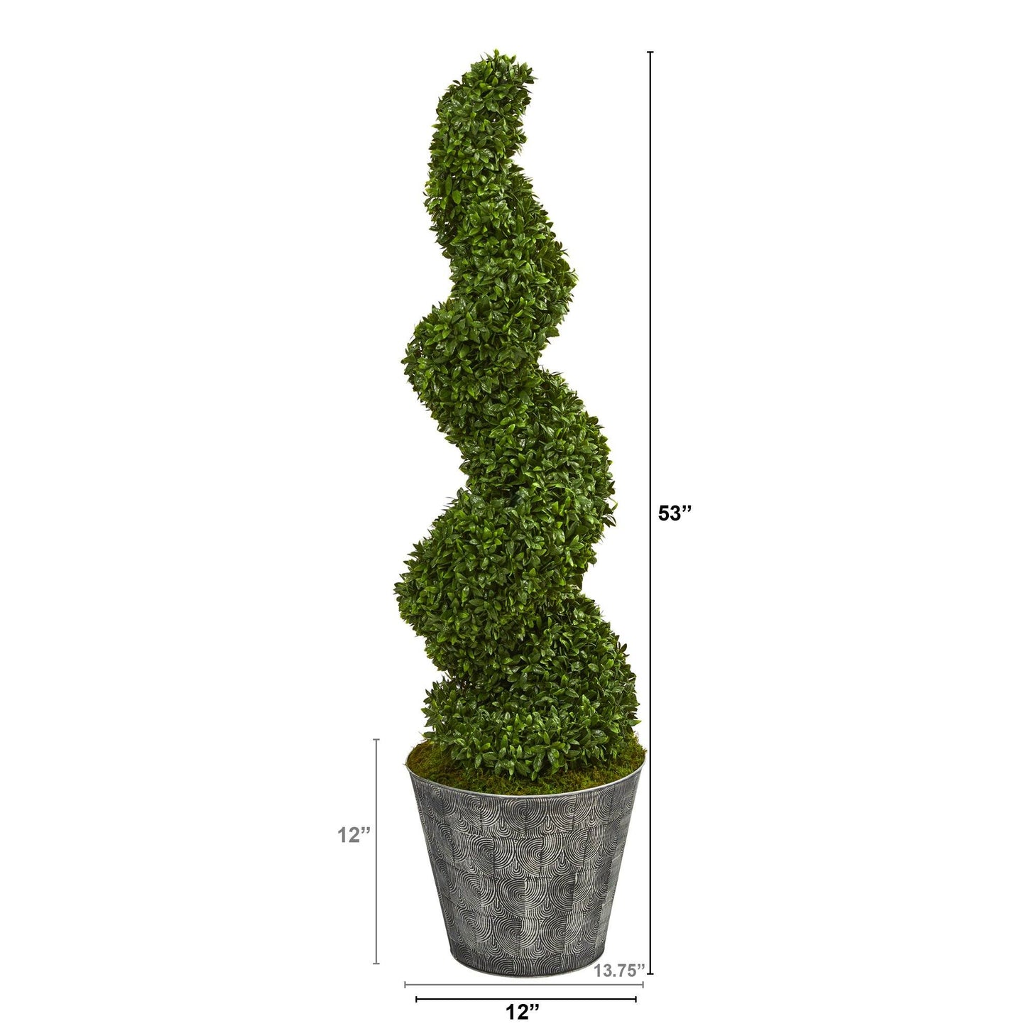 53” Spiral Hazel Leaf Artificial Topiary Tree in Black Embossed Tin Planter  (Indoor/Outdoor)