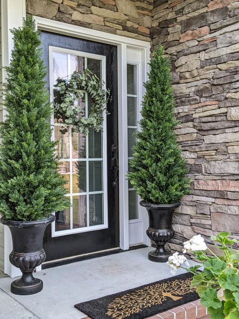 a front door of a house with two trees