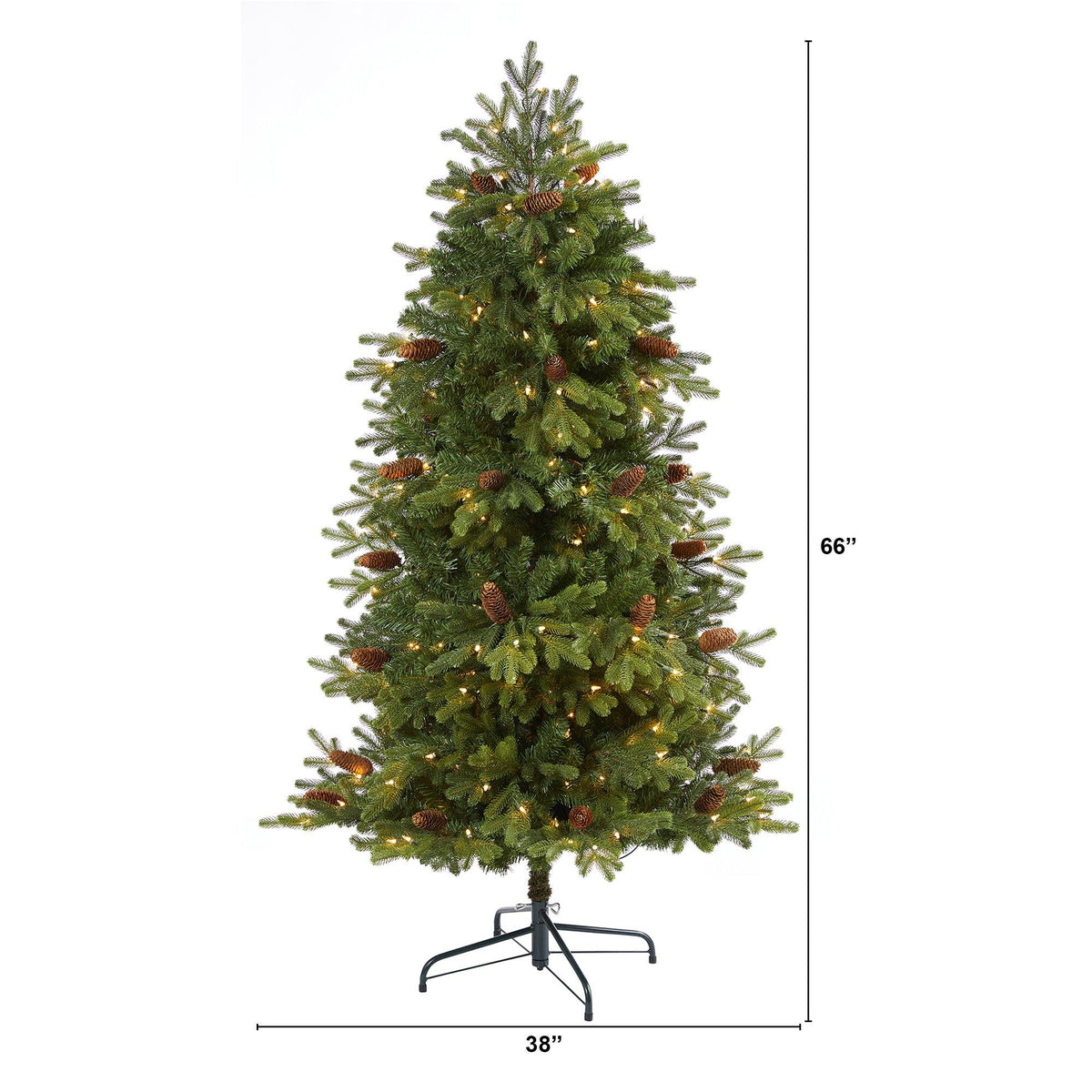 a tall christmas tree with lights and pine cones