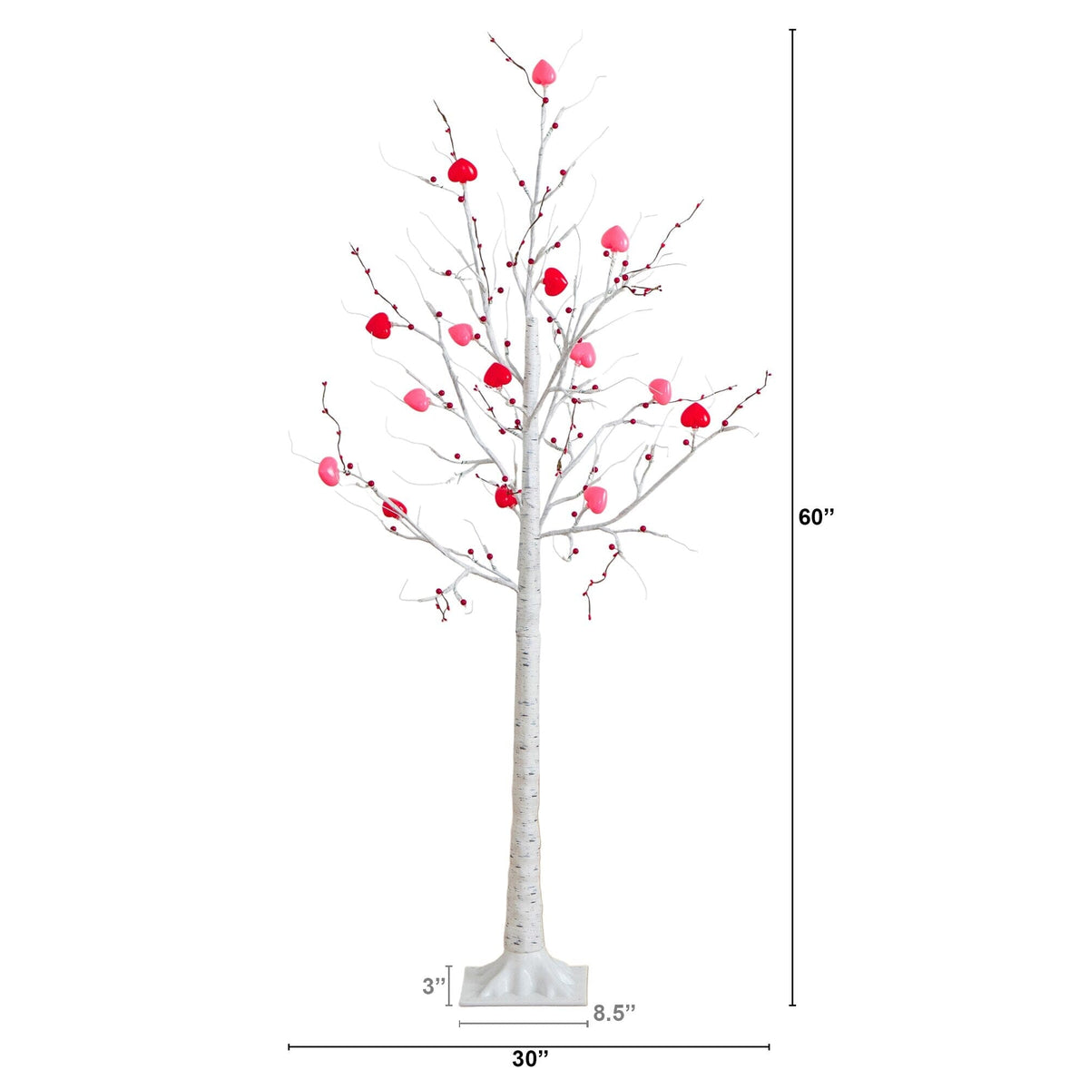 a tall white tree with pink and red decorations