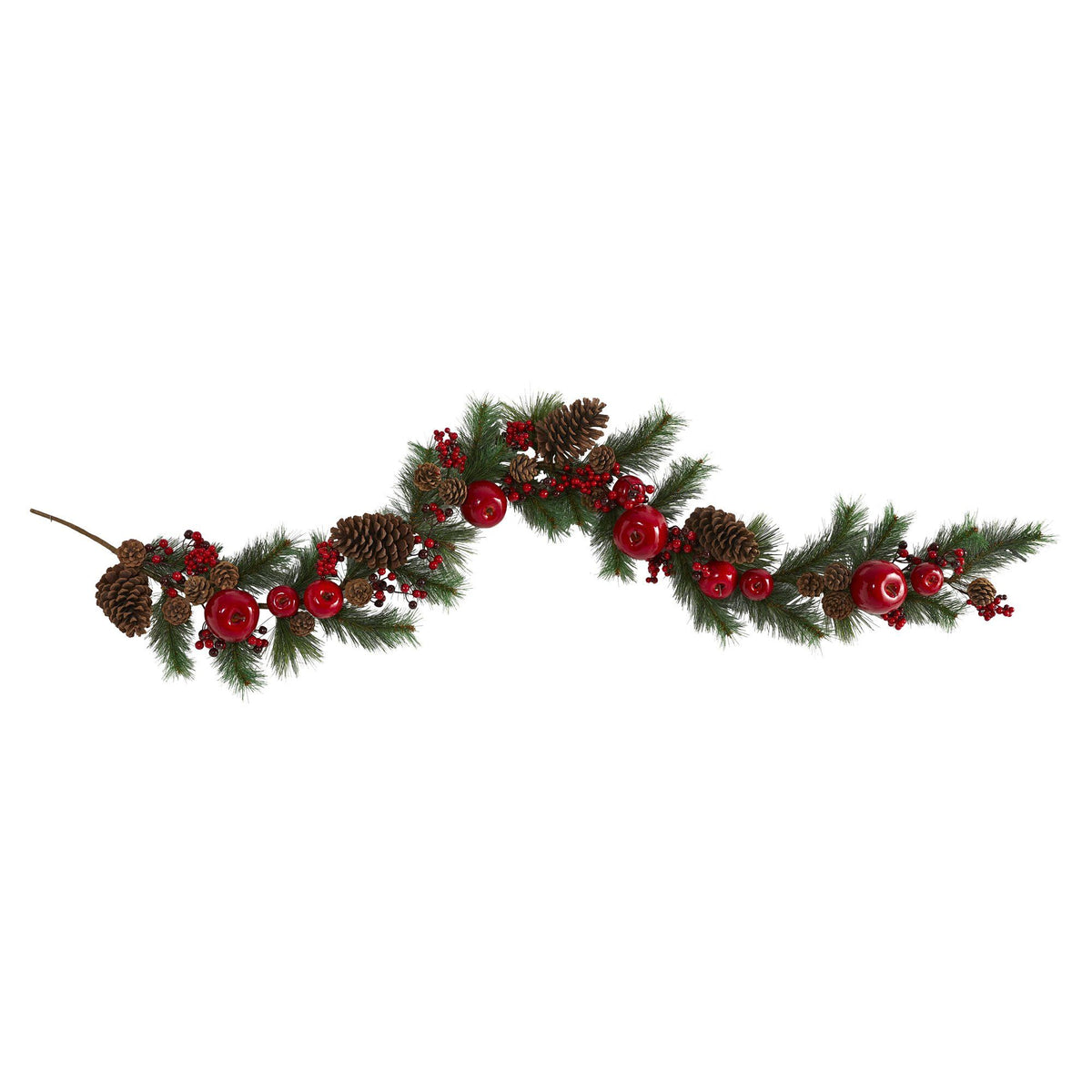 a garland of pine cones and red balls