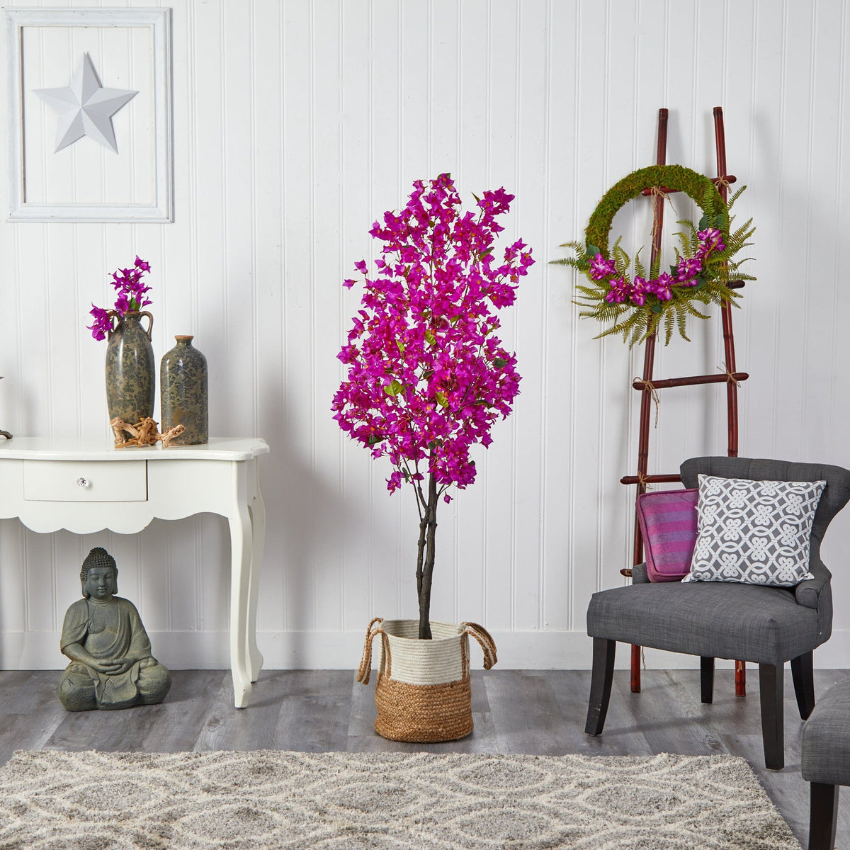 a room with a chair and a plant