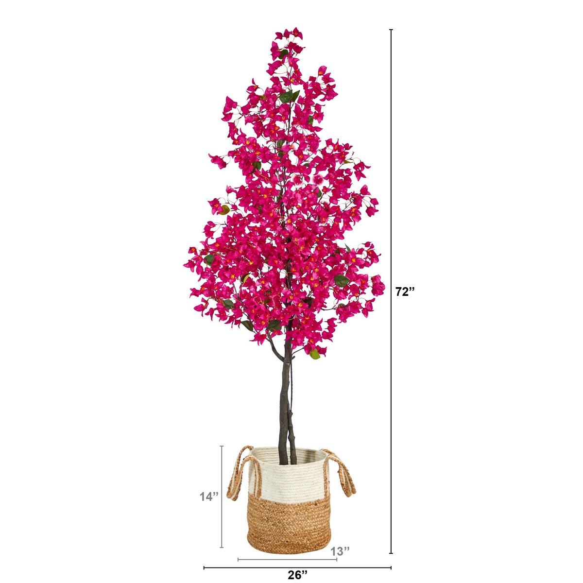 a tall pink tree with a basket around it