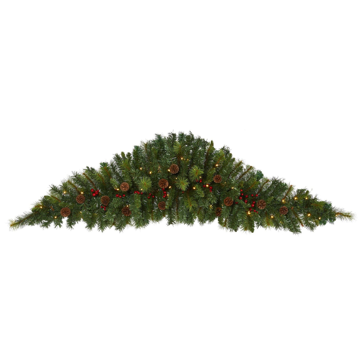a green tree with lights and pine cones