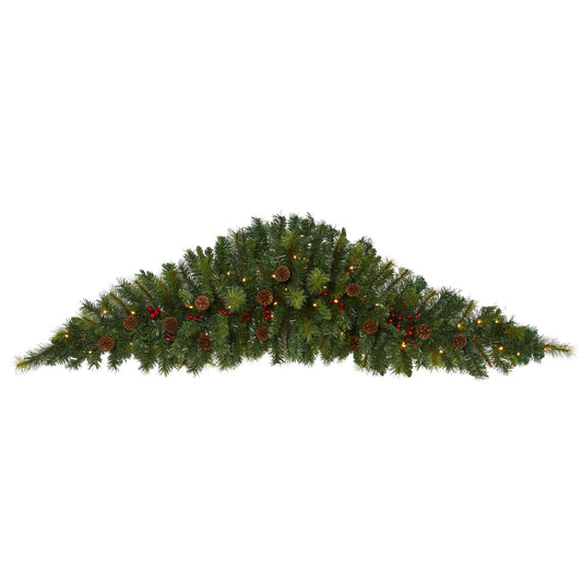 a green tree with lights and pine cones