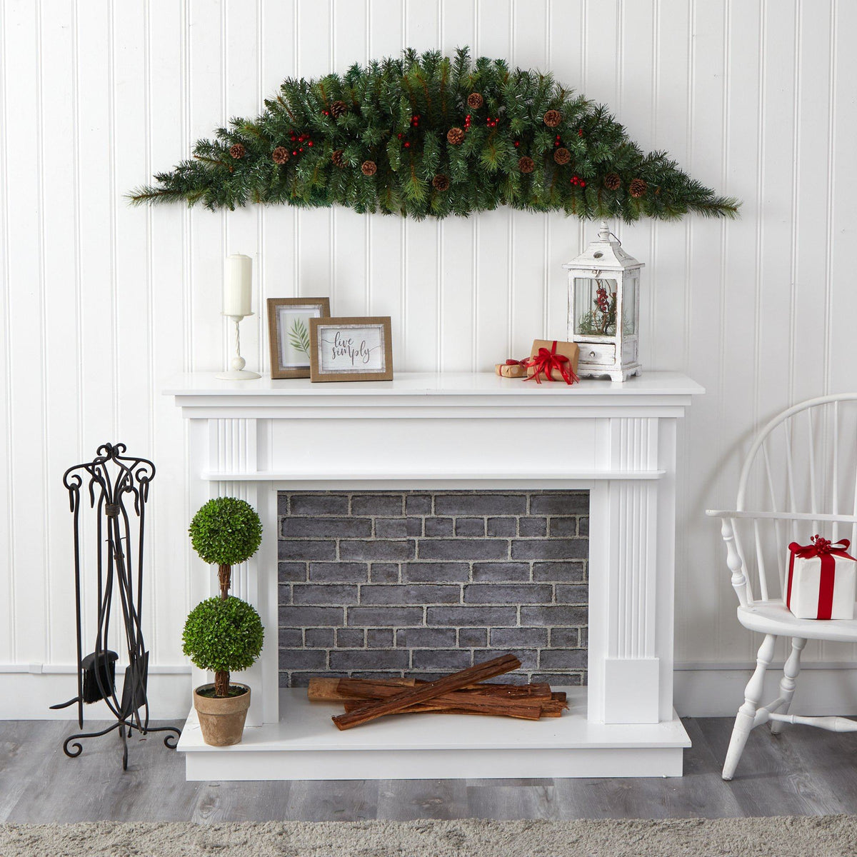 a fireplace with a fireplace and a chair