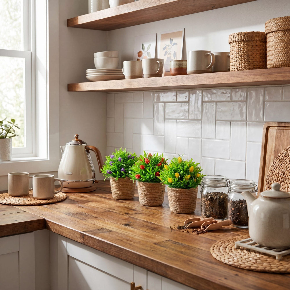 a kitchen counter with shelves and plants