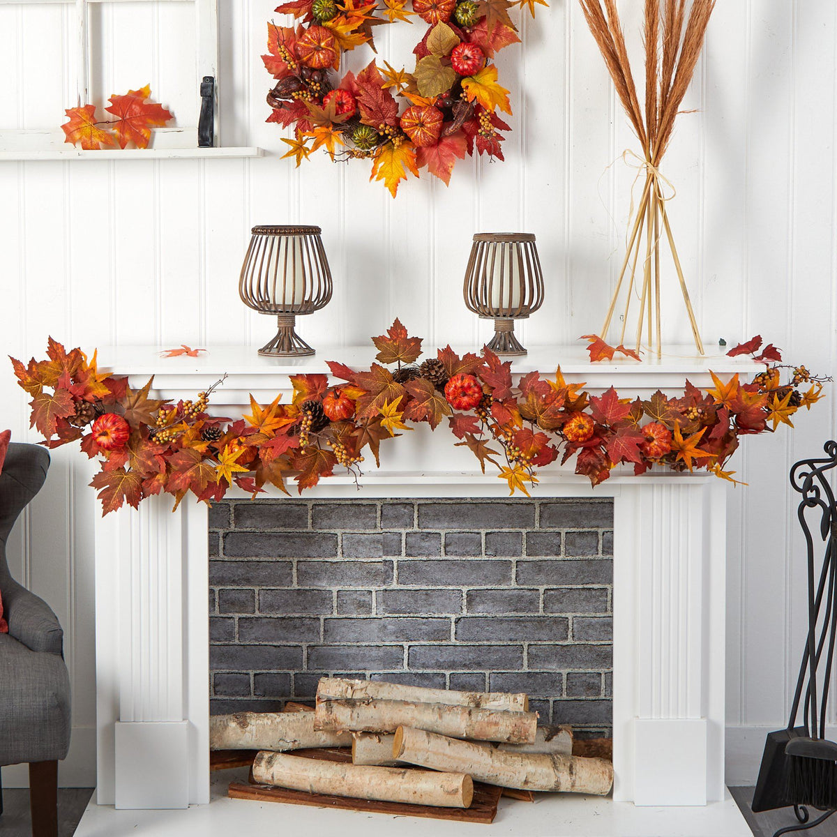 a fireplace with a wreath and a wreath on it