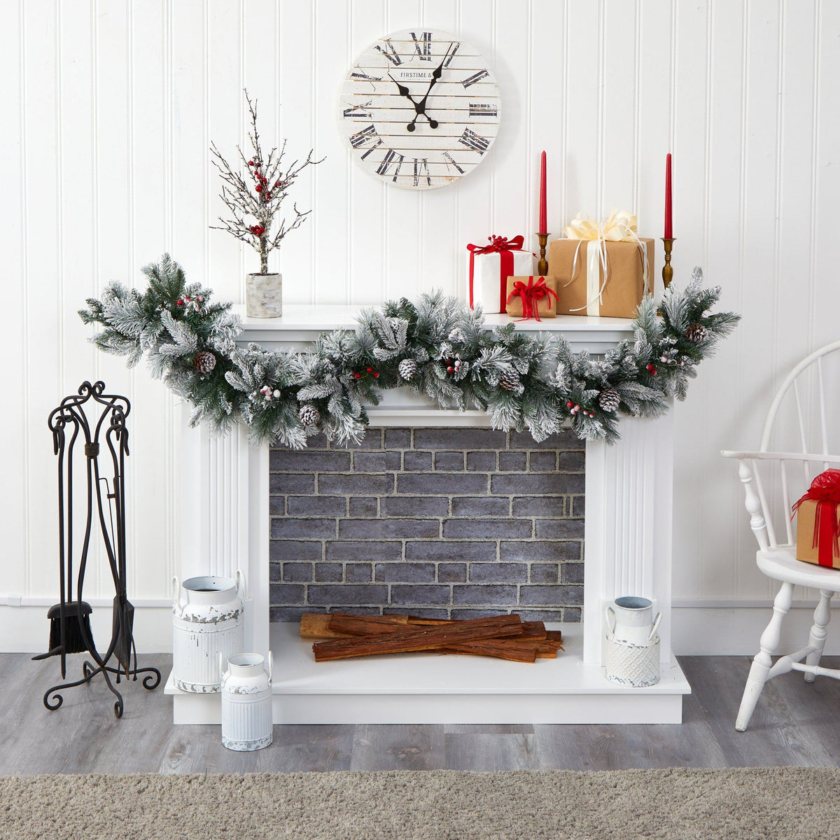 a fireplace with presents and a clock