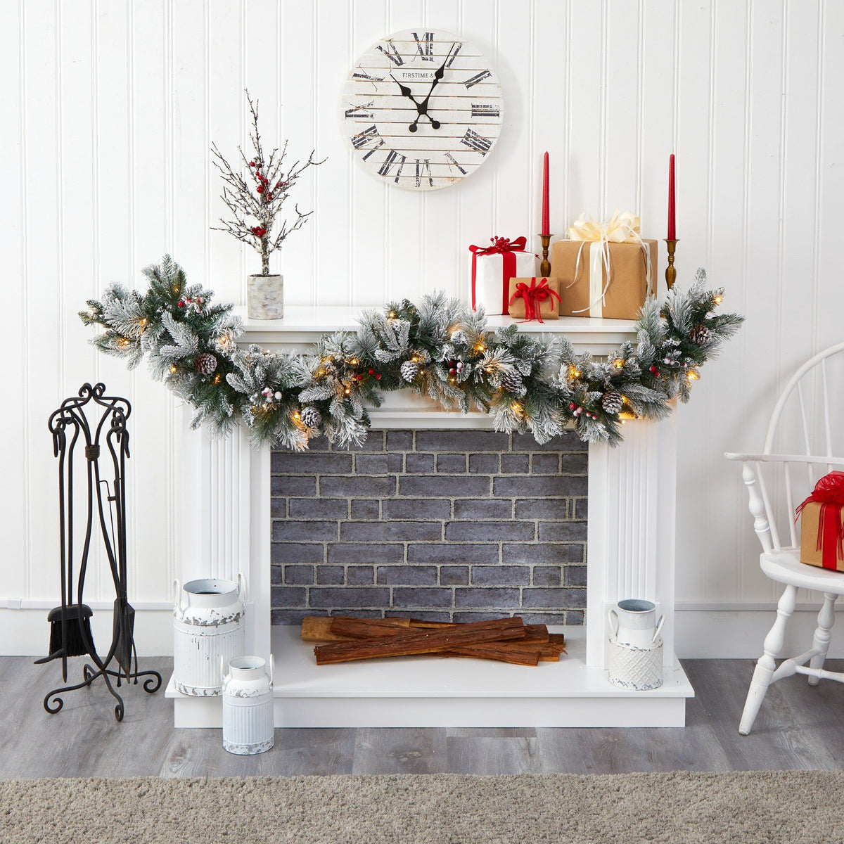a fireplace with presents and a clock