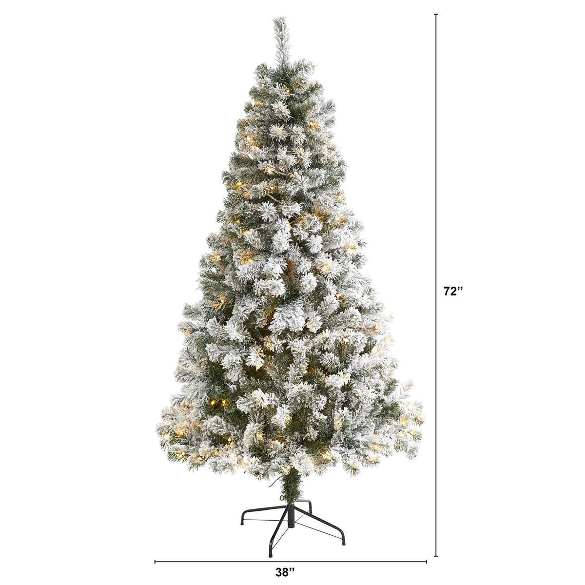 a tall christmas tree with lights and snow