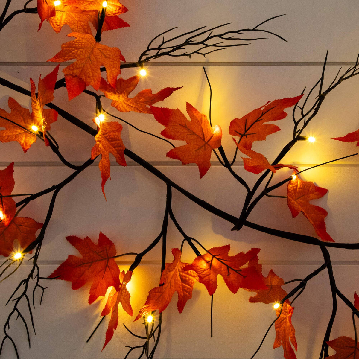 a tree branch with orange leaves and lights
