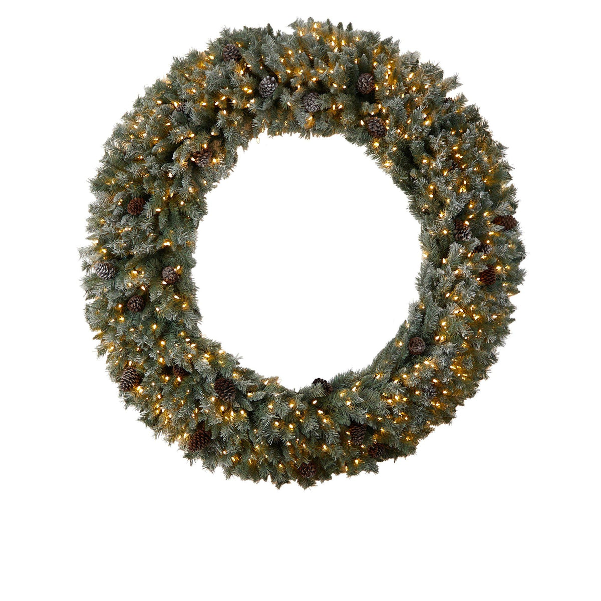 a wreath with lights and pine cones