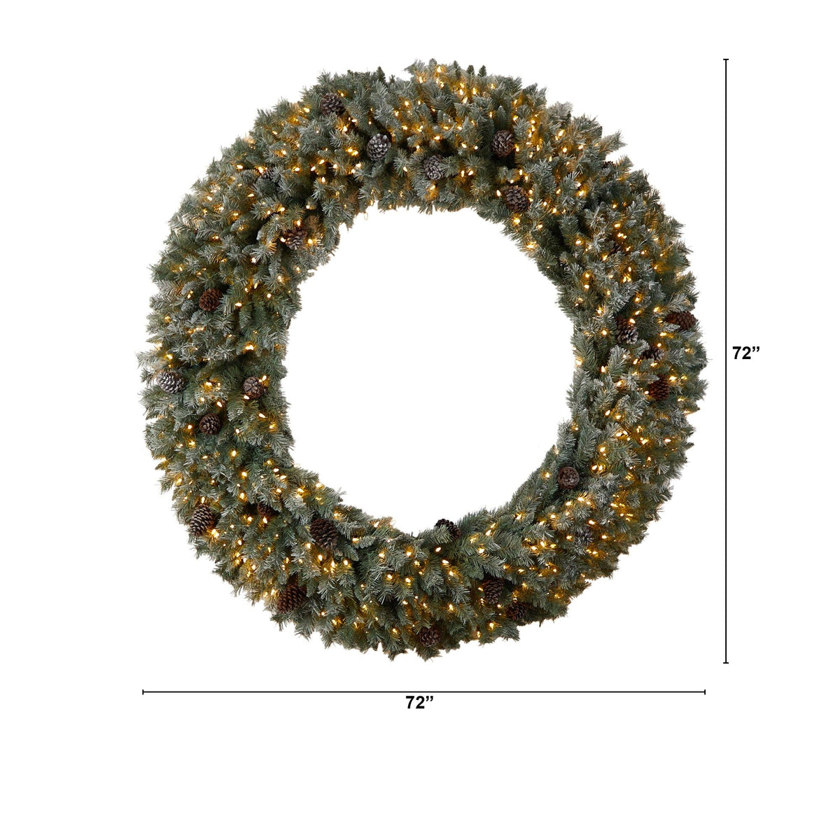 a large wreath with lights and pine cones