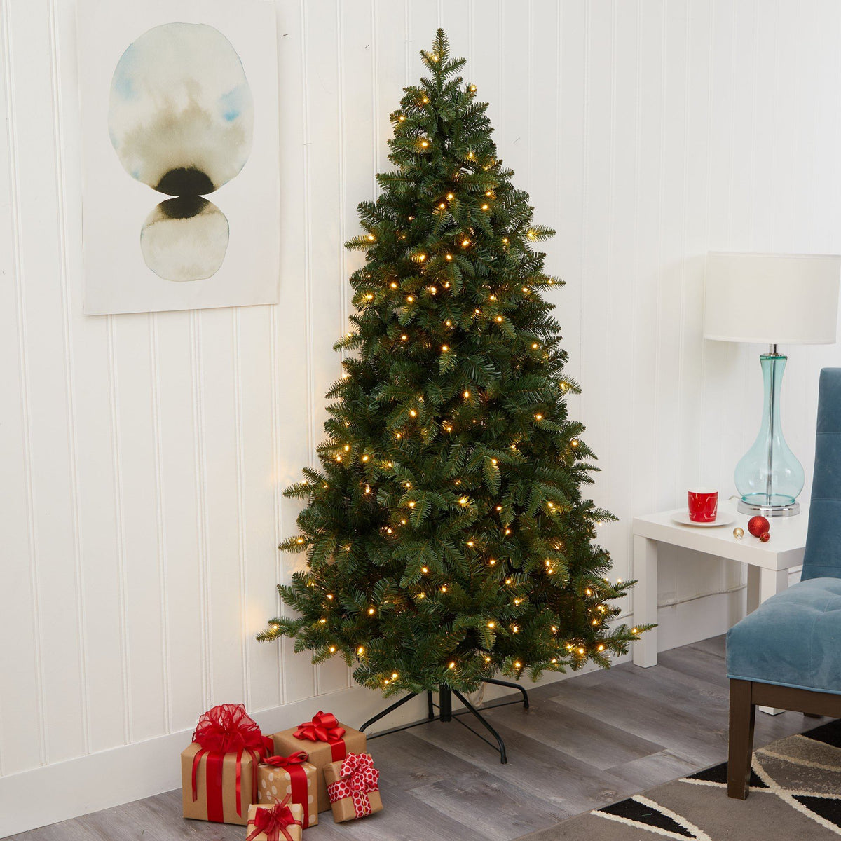 a christmas tree in a room