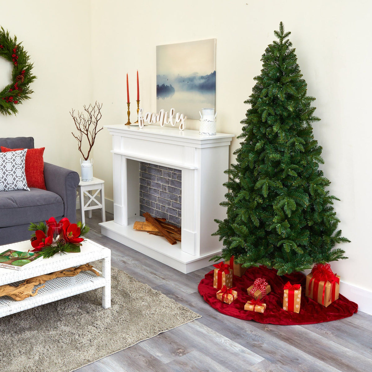 a christmas tree in a room