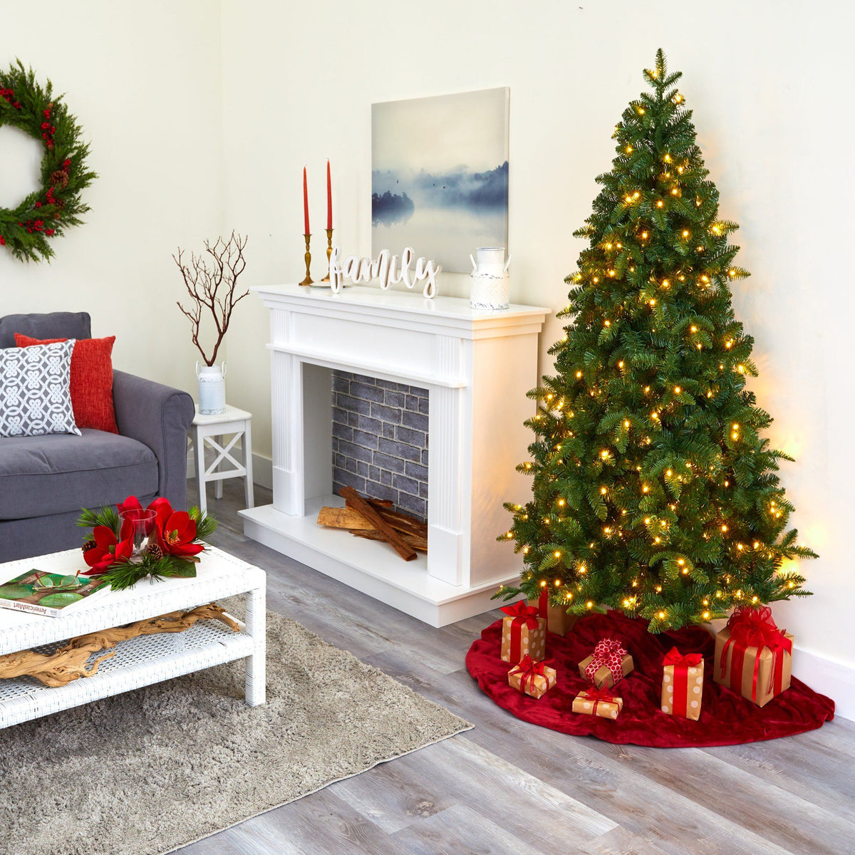 a christmas tree in a room