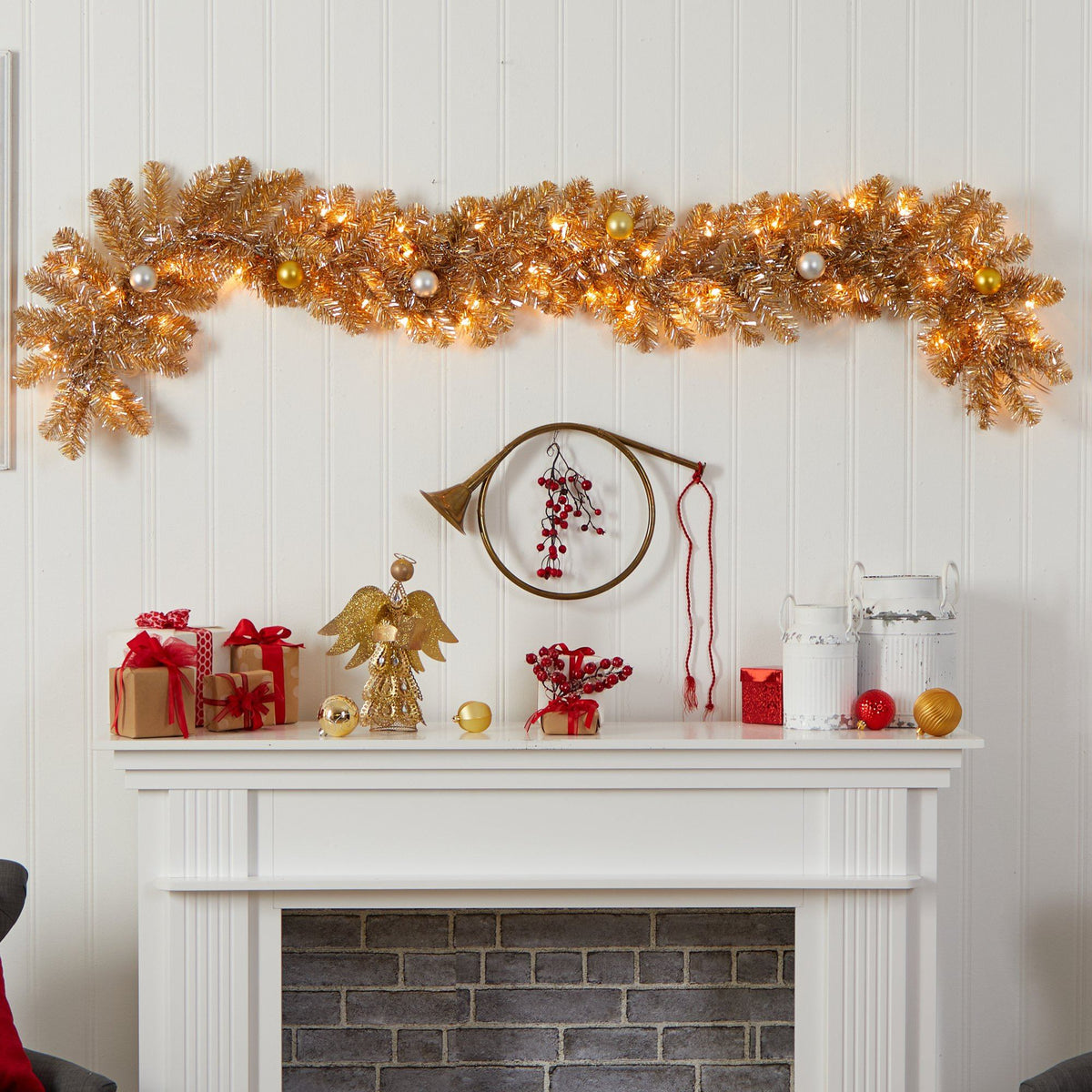 6' Holiday Christmas Golden Garland with Ornaments and 50 Warm White Lights
