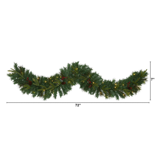 a green garland with lights and a small red and yellow garland